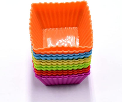 12PCS Silicone Mini Reusable Muffin Baking Cup Small Cupcake Holders Random Color Silicone Cupcake Liners Pastry Dessert Cups Nonstick Liner Molds for Making Muffin Chocolate Bread(Square)
