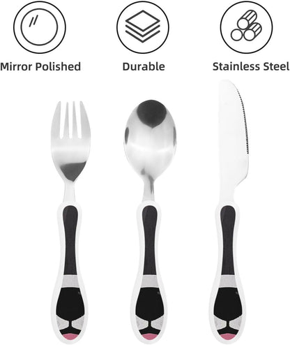3-Piece Kids Silverware Set With Storage Case, Stainless Steel Reusable Children Safe Knife Spoon Fork Set Cute Puppy Children Flatware Set For Kids Lunch Box