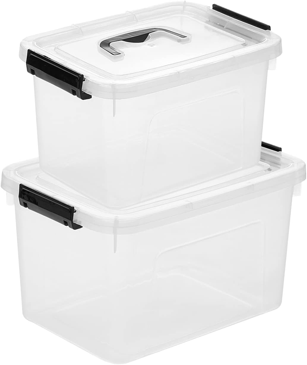 Plastic Storage Bins with Lids, 2 Pack Mixed Sizes (7 Qt, 16 Qt) Clear Black with Lid Stackable Organizer Boxes with Latches for Closet, Pantry, Bathroom, Office