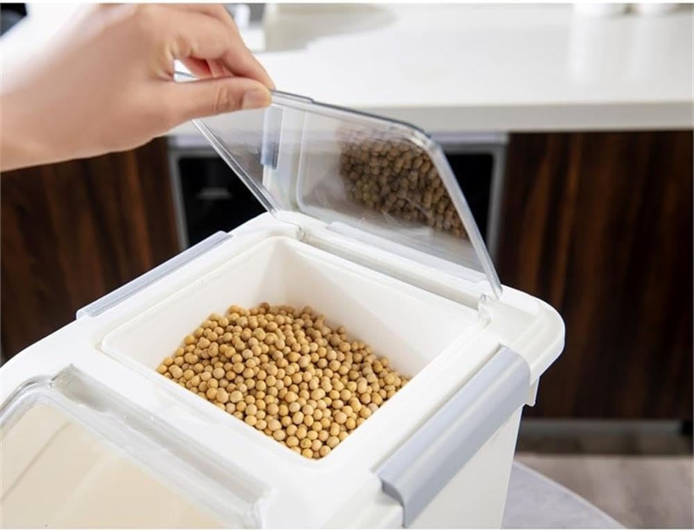 HANAMYA 32.5 Liter / 35 lbs Pet Food Storage Container with Measuring Cup, BPA free, For Dog Food | Cat Food | Rice | Grain | Flour, White & Gray, 1 count