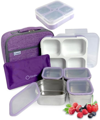 Stainless Steel Bento Lunch Box Set For Adults, Kids - Insulated Bag And Ice Pack - Leak-Proof Metal Compartment Meal Prep Food & Snack Containers For Work Travel School Daycare, 42 Oz Grey Black