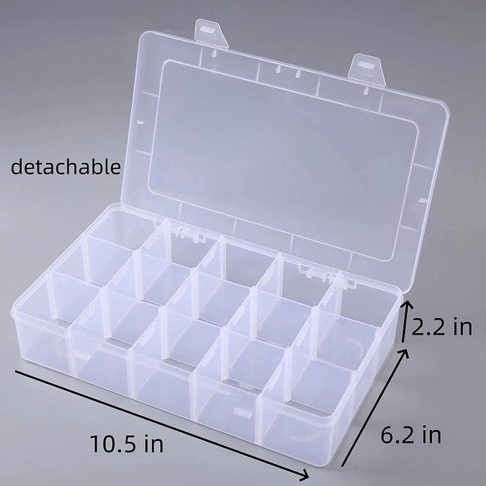 2 Pack Plastic Organizer Box with 14 Removable Dividers,15-Compartment Clear Storage Box for Crafts, Beads, Jewelry & Small Parts (10.5x6.5x2.2 Inches)