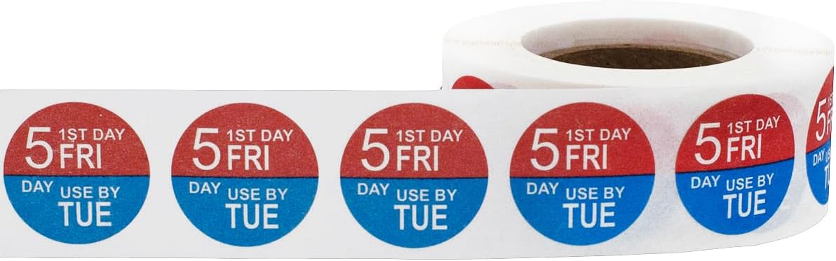Dissolvable Tuesday Through Saturday 5 Day Food Rotation Labels, 3/4 Inch Use by Stickers, 500 Total Adhesive Labels on a Roll for Restaurant and Kitchen Prep – Made in The USA