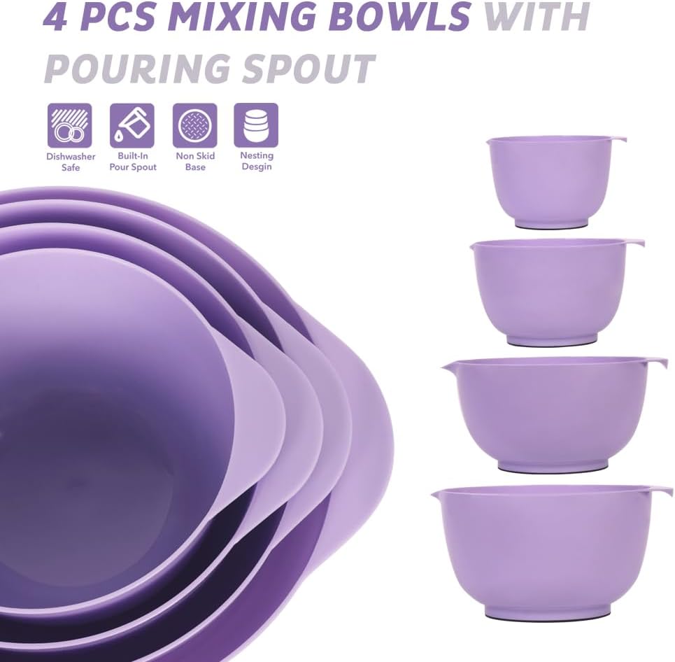 BoxedHome 4.5 Quart Large Plastic Mixing Bowls, Microwave Safe Mixing Bowl Set with Pour Spout, Nesting Bowls for Space Saving Storage(Violet Blue)