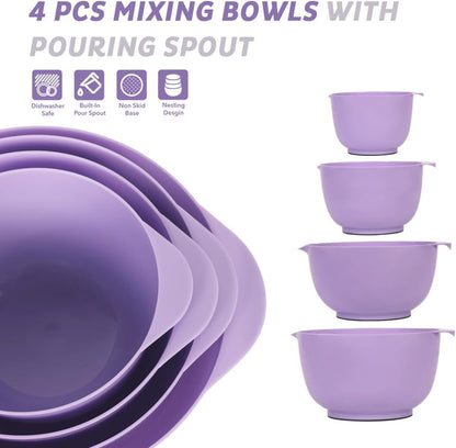 BoxedHome 4.5 Quart Large Plastic Mixing Bowls, Microwave Safe Mixing Bowl Set with Pour Spout, Nesting Bowls for Space Saving Storage(Violet Blue)