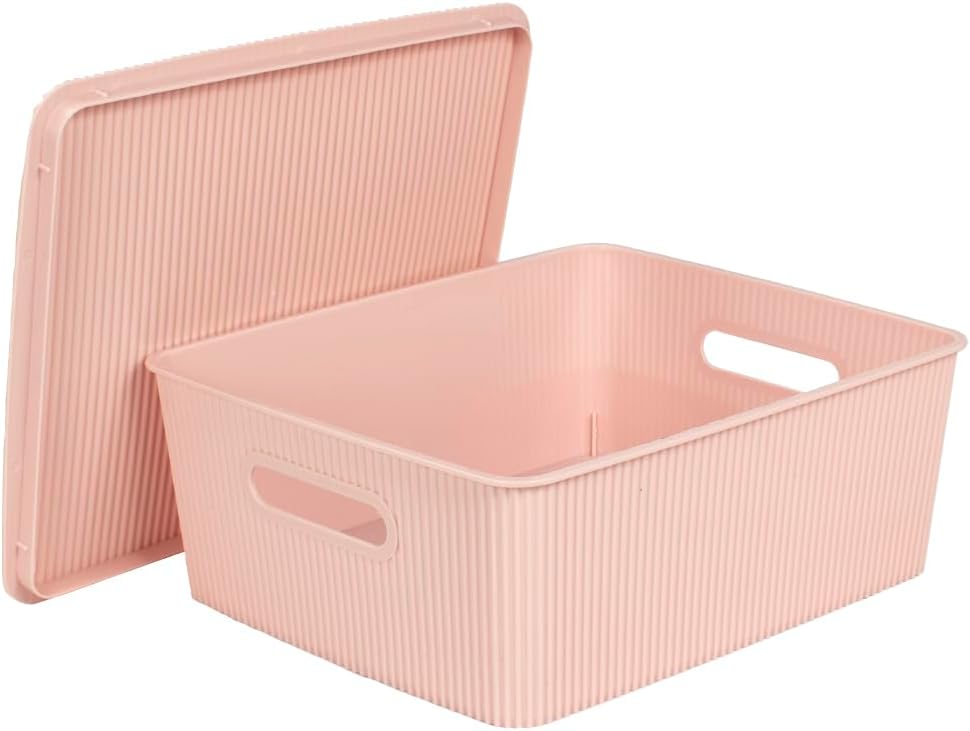 Glad Storage Baskets with Lids - Set of 4 Stackable Plastic Boxes with Handles - Decorative Shelf Organizer Bins for Bathroom and Closet, Blue, 3.1 Gallons