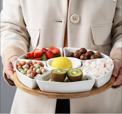 ele ELEOPTION 360° Rotatable Chip and Dip Serving Set, Trays, Appetizer Serving Tray, Divided Serving Tray, Platters, Relish Tray 5 bowls with lids