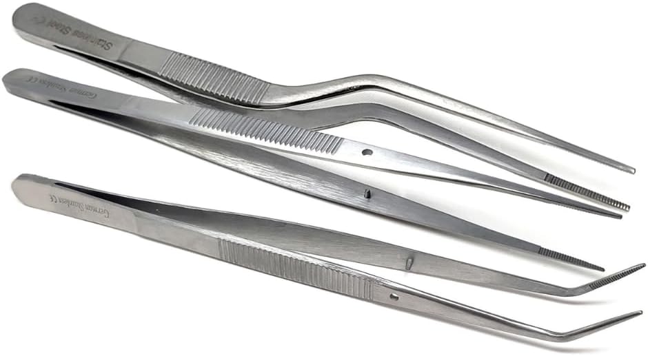 Food Plating Tweezers Culinary Kitchen Tongs Straight + Angled Tips 6" Long for Cookie Cake Decorating/Baking/Cooking Made of Stainless Steel with Fine Serrations Kitchen Utensils
