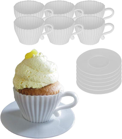 Evelots Baking Cupcake Molds - Silicone Teacup Set - 24 Pc Set - Oven-Safe - Nonstick - Muffin Cups for Bridal/Baby Shower, Birthday/Tea Party - 12 Cups & 12 Saucers - BPA Free