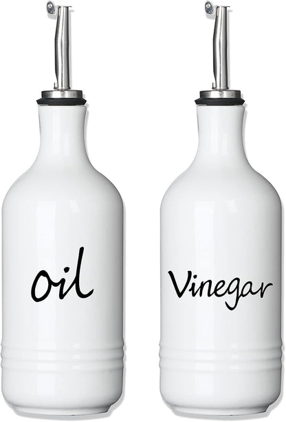 Farmhouse Ceramic Oil and Vinegar Dispenser Bottle Set, Perfect for Storage of Oil and Vinegar,15 oz (White)