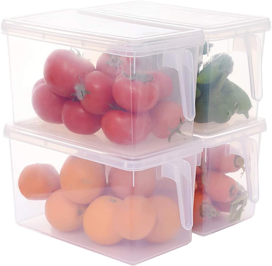 Sooyee Fridge Organizer, 4 Pack Refrigerator Organizer Bins, Clear with Handle & Lid, Fruit Containers for Fridge, Fridge Storage to Keep Fresh for Food, Vegetables, 5L