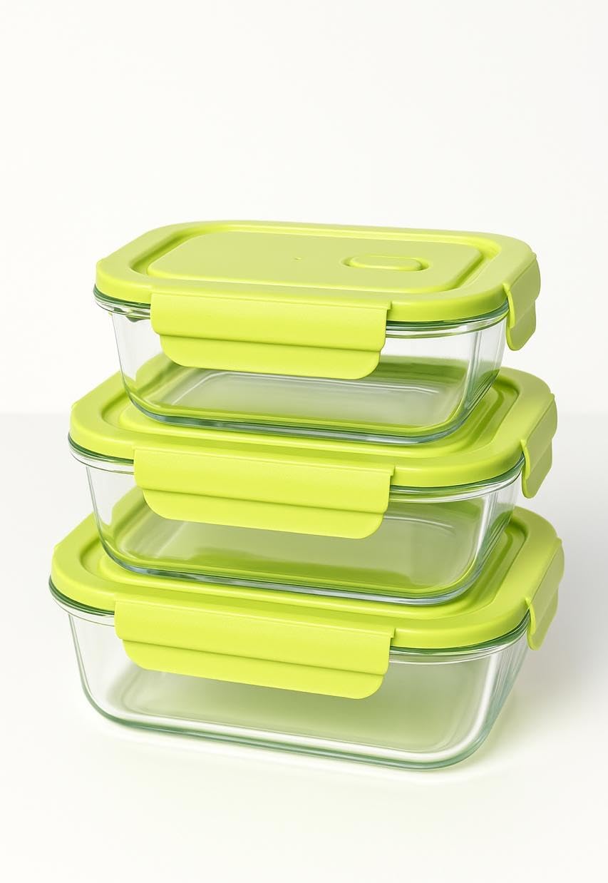 Glass Food Storage Container Set, 3 Piece, Rectangular with White Lids, 13.9oz/23.6oz/35.1oz Capacity, Stackable Meal Prep Containers