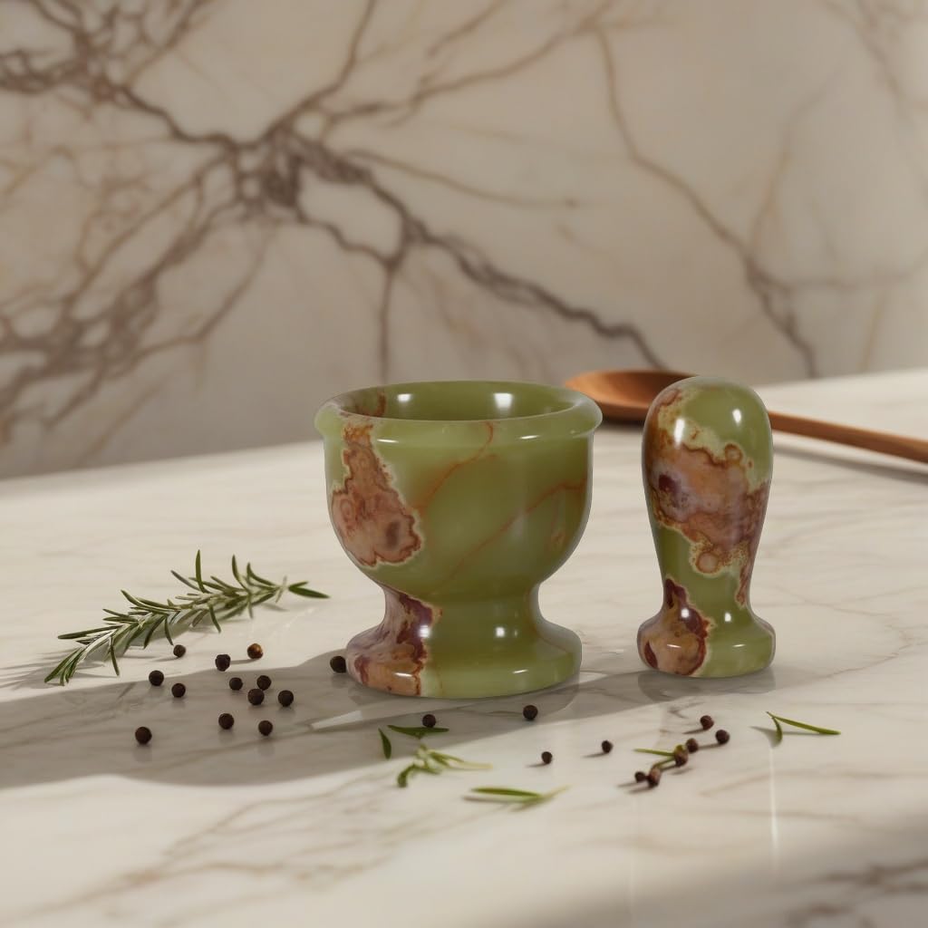 Mortar and Pestle Set – Large Stone Grinder with Polished Bowl & Non-Slip Base | Elegant Onyx Marble Kitchen Tool for Spices, Herbs & Guacamole