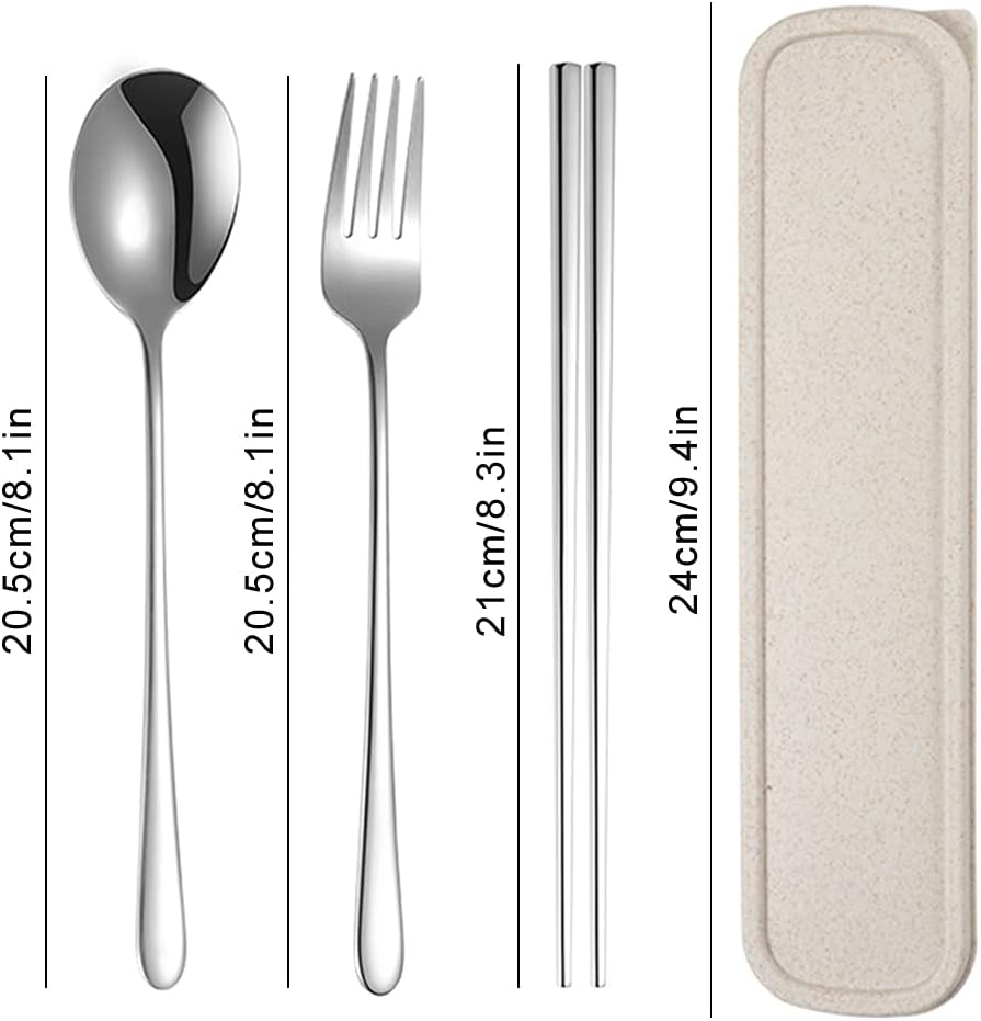 Xihuimay 3pcs Stainless Steel Chopsticks Fork Spoon Set with Travel Case Non-Slip Tabeware Pack Metal Portable Flatware Set Utensils Chinese Japanese Korean for Cooking Eating Dishwasher Safe, White