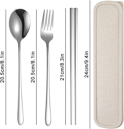 Xihuimay 3pcs Stainless Steel Chopsticks Fork Spoon Set with Travel Case Non-Slip Tabeware Pack Metal Portable Flatware Set Utensils Chinese Japanese Korean for Cooking Eating Dishwasher Safe, White