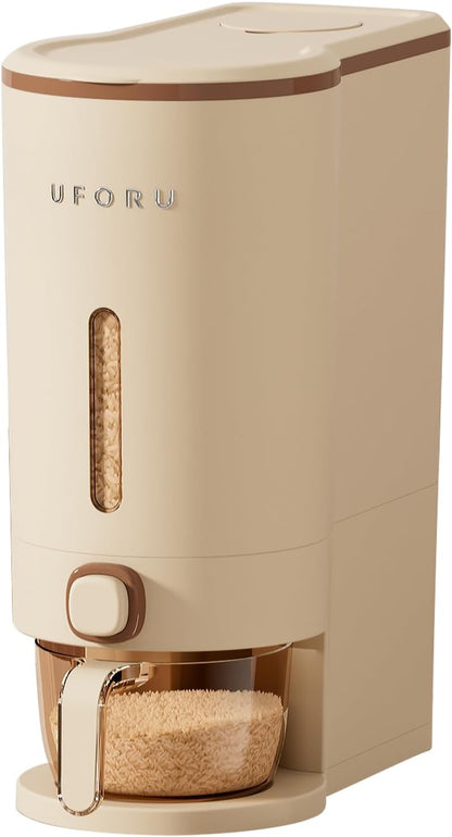 UFORU Rice Dispenser, Rice Storage Container with Measuring Cup for Kitchen Pantry Household, Dry Food Storage Containers Airtight, Sealed Moisture Proof (White 13Lbs)
