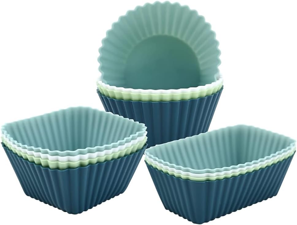 12 Pack Reusable Silicone Cupcake Baking Cups, 3 Shapes of Standard Round & Square & Rectangle,Muffin Liners,Non-Toxic, BPA Free, Dishwasher Safe