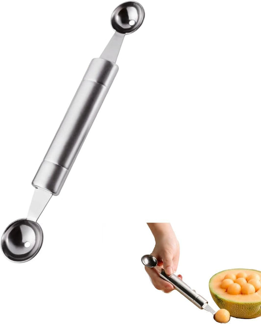 Double Ended Headed Melon Baller Scoop, Stainless Steel Fruit Scoop, 2-in-1 Round Fruit Melon Baller Spoon, Comfortable Grip Kitchen Gadget for Watermelon, Cantaloupe, Ice Cream (Silver)
