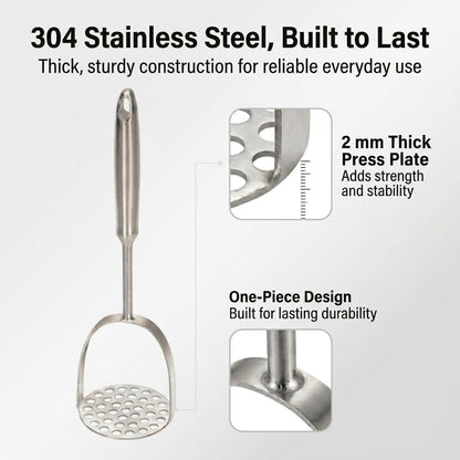 Potato Masher, Heavy Duty 304 Stainless Steel Potato Masher, One-Piece 37-Hole Plate for Smooth Mashing, Dishwasher Safe, Silicone Spatula Included