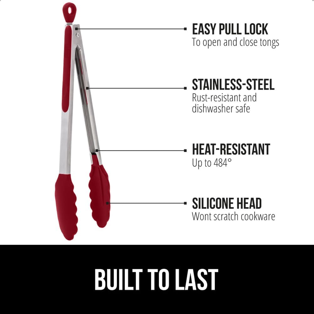 GORILLA GRIP Stainless Steel Heat Resistant Kitchen Tongs for Cooking, Set of 2 BBQ Tong, Non Scratch Silicone Tip for Pans, Strong Grip, Grab Food, Toss Salad, Air Fryer, Pull Lock, 7 + 9 Inch, Black