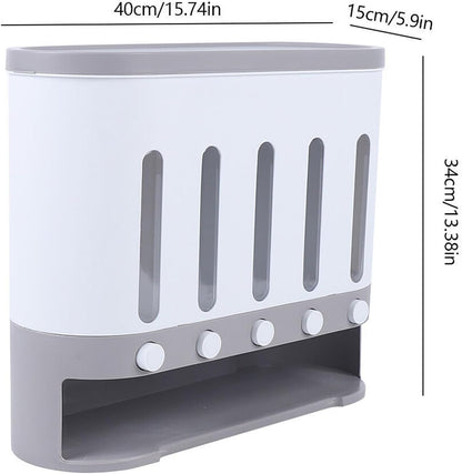 Dry Food Dispenser Wall mounted 5 Grid Cereal Dispenser Storage Rice Dispenser with Measuring Cup Individual Containers and Removable Walls for Rice, Beans, Beads Kitchen