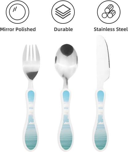 3-Piece Kids Silverware Set With Storage Case, Stainless Steel Reusable Children Safe Knife Spoon Fork Set Beach House Children Flatware Set For Kids Lunch Box
