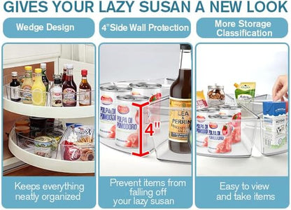 Lazy Susan Organizer for 25''-26'' Diameter Clear Corner Cabinet Storage Bins, Plastic Kitchen Corner Organizer with Handle 1/8 Wedge, Food Safe BPA Free (8 Pack)