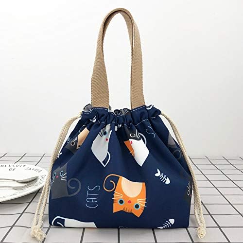 enyuwlcm Mini Lunch Tote Pouch Reusable Small Cute Lunch Bag with Drawstring Suitable for Girls Women Cat Blue
