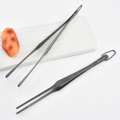 Stainless Steel Cooking Tweezers, 12-Inch Precision Kitchen Tweezers with Star Dot Texture, Wider Grip & Elevated Tips | Galaxy Grip Series, 2 Pcs (Black)