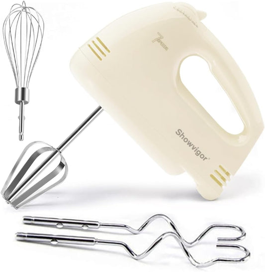 Showvigor Electric Hand Mixer with Stainless Steel Mixing Bowl Set –7 Speeds Turbo-Boost Hand Mixer with Large Mixing Bowls, Measuring Cups, Spoons & Spatula for Kitchen Cakes Eggs Baking(Pink)