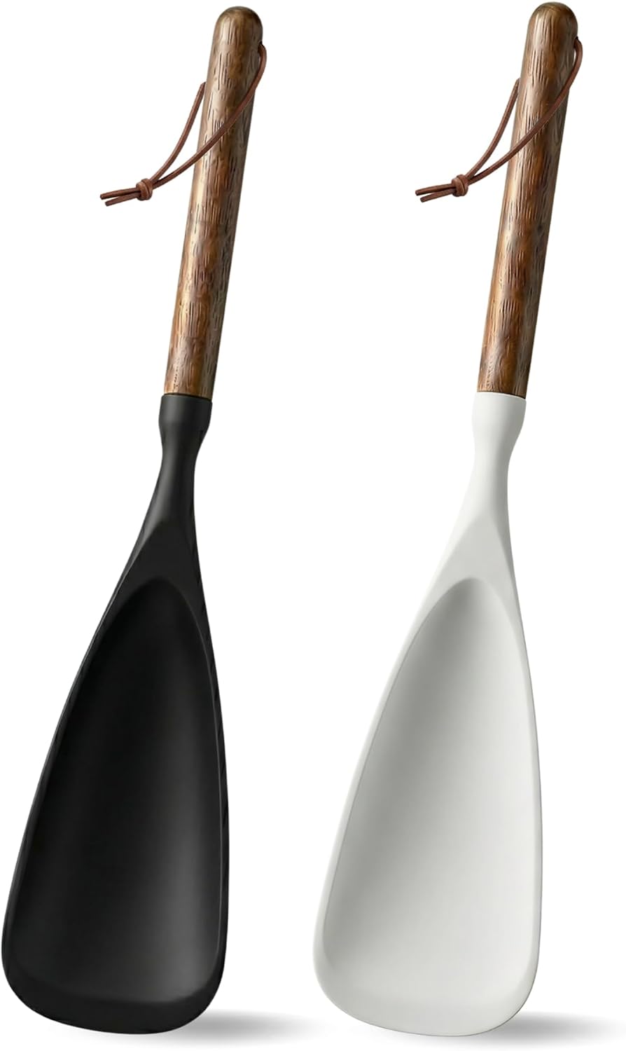 2-Pack Silicone Spoonula with Wooden Handle, BPA-Free Spatula Spoon for Nonstick Cookware, Heat Resistant Cooking Spoon for Mixing, Scraping, Scooping and Serving(Black)