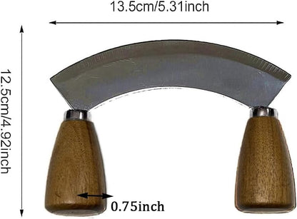 Salad Chopper With Round Wood Cutting Board - Mezzaluna Knife with Protective Cover and Anti-Slip Handle Stainless Steel Chopper Vegetable Cutter Onion Chopper Mincing Knife Pizza Cutter