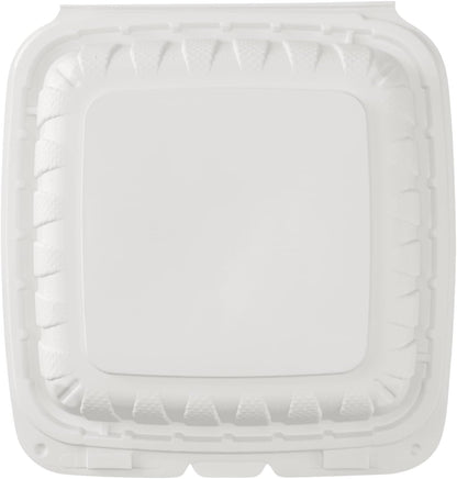 KARAT EARTH Clamshell Take Out Food Containers [8"x8" - 200 ct] To Go Containers | 3 Compartment, Soak-Resistant, Durable, Stackable | Vented for Hot/Cold Foods, White