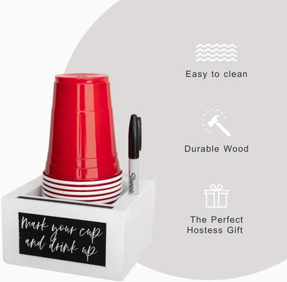 White Party Cup Holder with Marker Slot- Drink Caddy with Interchangeable Signs- Mark Your Cup and Drink Up-Hosting Essentials Wood Cup Dispenser- Brunch Supplies- Disposable Cup Holder Hostess Gifts
