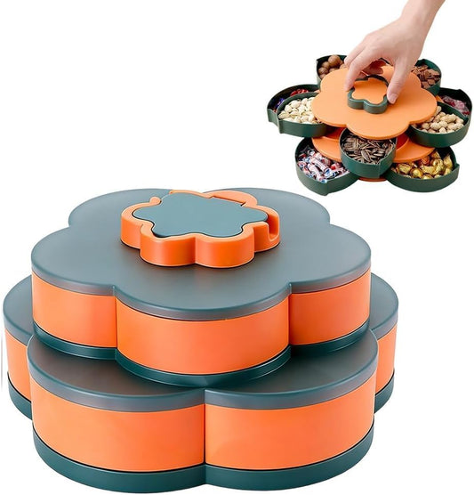 2026 Upgraded Divided Serving Tray with Lid, 360 Rotating Snack Box Container, Portable Spinning Veggie Fruit Tray for Party Appetizers, Nuts and Candy