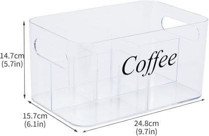 Coffee Bar Station Organizer,Clear Plastic Coffee Bar Accessories Bin with Removable 5-Compartment for Pods Condiment Syrup Tea Cups Stirrers,Coffees Pod Holder for Counter,Kitchen,Office