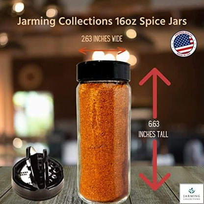 JARMING COLLECTIONS 16oz Glass Spice Shakers with Lids – Large Seasoning Containers with Shaker Tops for Kitchen, Pantry & Herb Storage