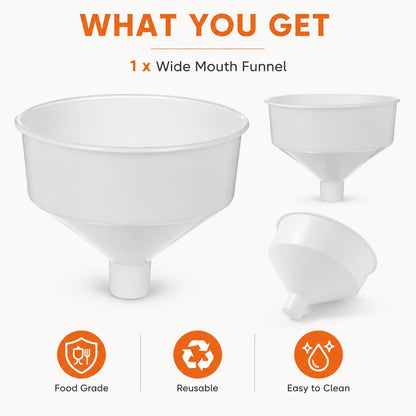 DOITOOL 10.43" Wide Mouth Plastic Funnel, Extra Large Food Grade Kitchen Funnels for Beer Oil Jam Beverage Filling, Liquid Dry Ingredients, 1-Pack White