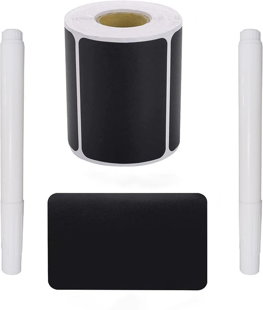 Chalkboard Labels 180pcs Waterproof Reusable Label Stickers with 2 White Liquid Chalk Markers for Storage Bin, Food Container, Mason Jars 5X7.5cm Black