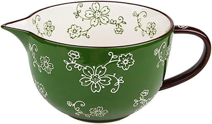 Gaolinci Cherry Blossom Pattern Kitchen Ceramic Mixing Bowl, 1 Quart Large Bowl, with Pouring Spout and Handle