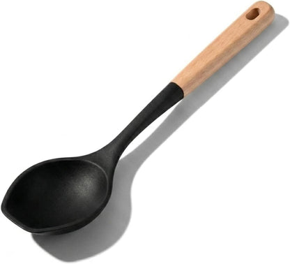 LorisArm Large Cooking Spoons. 12.5" Heat Resistant Silicone Serving Spoon, Nonstick Kitchen Utensils Wooden Handle Rubber Spoon for Mixing, Stiring,Baking,Scooping and Scraping.
