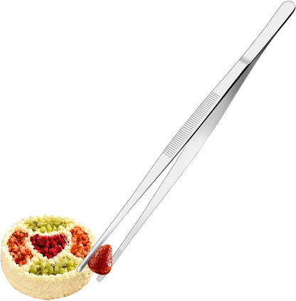 Kitchen Tweezers Stainless Steel 8 Inch Long Tweezers Tongs, Heavy Duty large food tweezers with Precision Serrated Tips for Cooking(8" Straight+Curved)