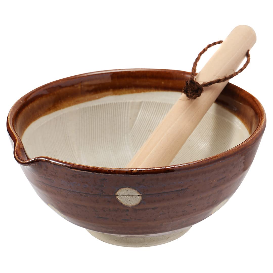 TIKUSAN Japanese Ceramic Ripple Ridge Mortar & Pestle Suribachi Bowl and Surikogi Set with Spout 7.1 inches Made in Japan (Brown)