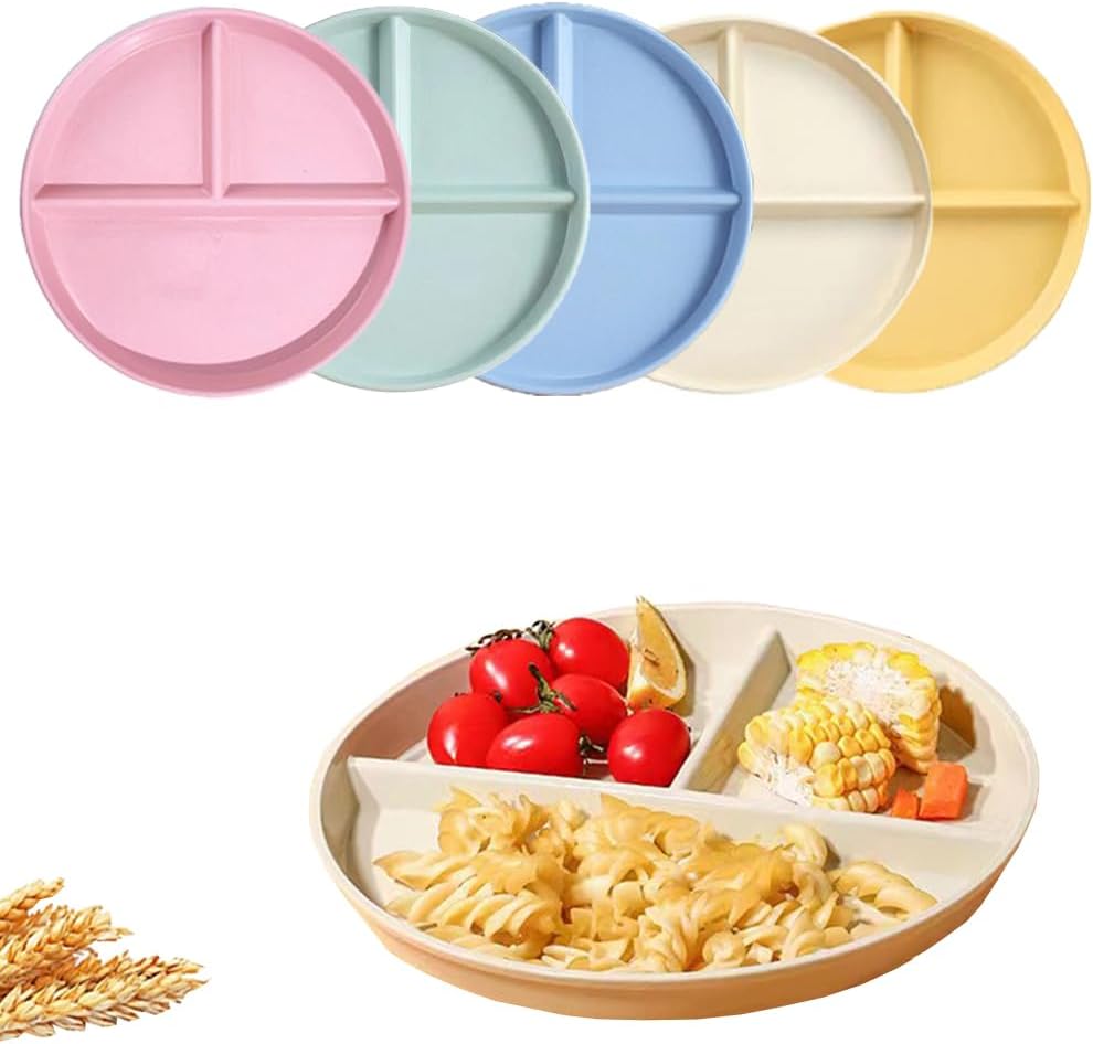 LRUUIDDE (5 Pack) Portion Control Plate for Balanced Eating, 9" Unbreakable Divided Plates,3 Compartment Plates, Reusable Plastic Plates, BPA Free for Adults