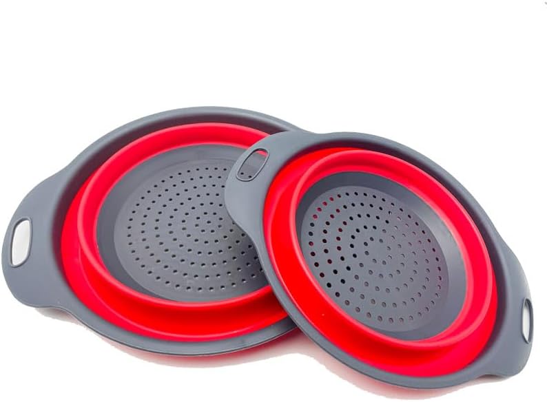 NIWWIN Pack of 2 Foldable Pasta Strainers, Foldable Kitchen Colander for Draining Fruit, Kitchen Silicone Adjustable Filter Vegetables Fruit Baskets,Portable Sink Washing Up Bowl (Red)