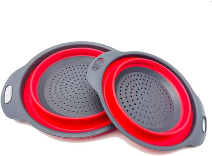 NIWWIN Pack of 2 Foldable Pasta Strainers, Foldable Kitchen Colander for Draining Fruit, Kitchen Silicone Adjustable Filter Vegetables Fruit Baskets,Portable Sink Washing Up Bowl (Red)