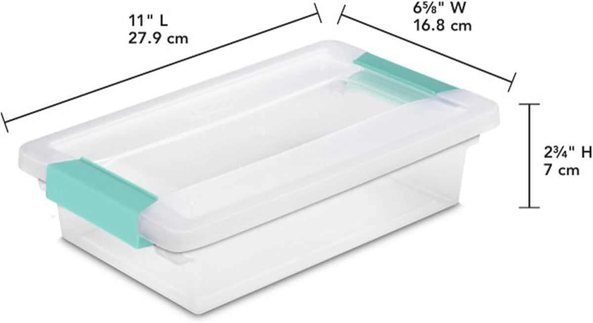 Sterilite Deep Clip Box, Stackable Small Storage Bin with Latching Lid, Plastic Container to Organize Paper, Office, Home, Clear Base and Lid, (Pack of 4)