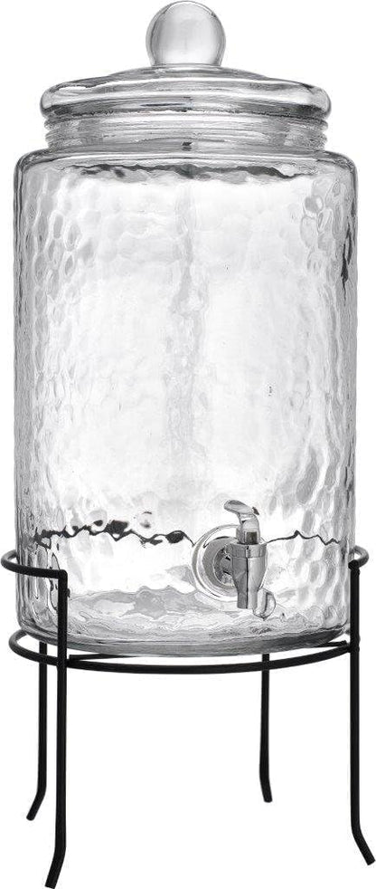 3 Gallon Glass Drink Dispenser with Metal Stand & Lid – Hammered Beverage Dispenser with Leakproof Spigot, Wide Mouth for Easy Fill – Ideal for Parties, Lemonade, Iced Tea, Sangria & More