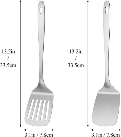 ChefBee 2PCS Metal Spatula Set - Stainless Steel Spatula Solid & Slotted Turner Flipper for Kitchen Use, Heat Resistant Kitchen Cooking Utensils for Flipping Fish, Eggs, Pancakes, Dishwasher Safe