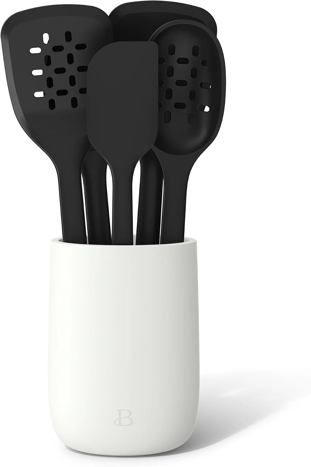 6 Piece Silicone Kitchen Utensil Set with Holder, Heat Resistant Cooking Tools, Nonstick Safe Spatula Spoon Turner Set with Ceramic Storage Crock